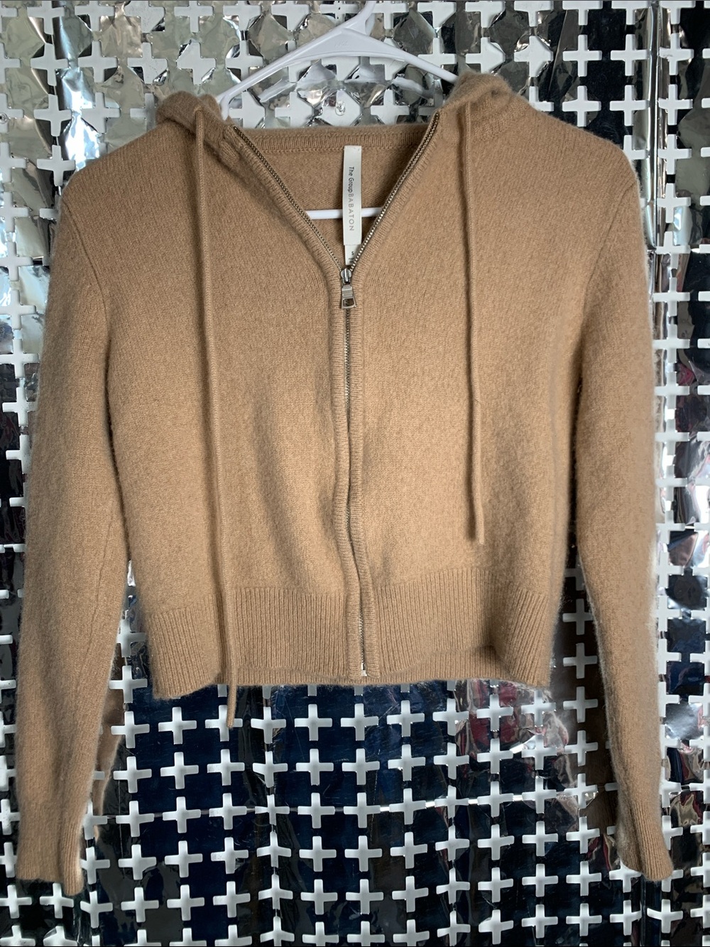 Babaton Camel Zip-Front Hooded Cardigan